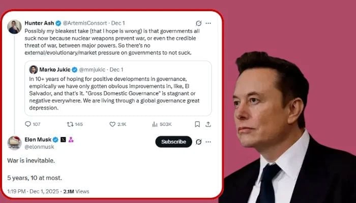 جنگ کب لگ سکتی ہے؟ ایلون مسک کی پیشگوئی